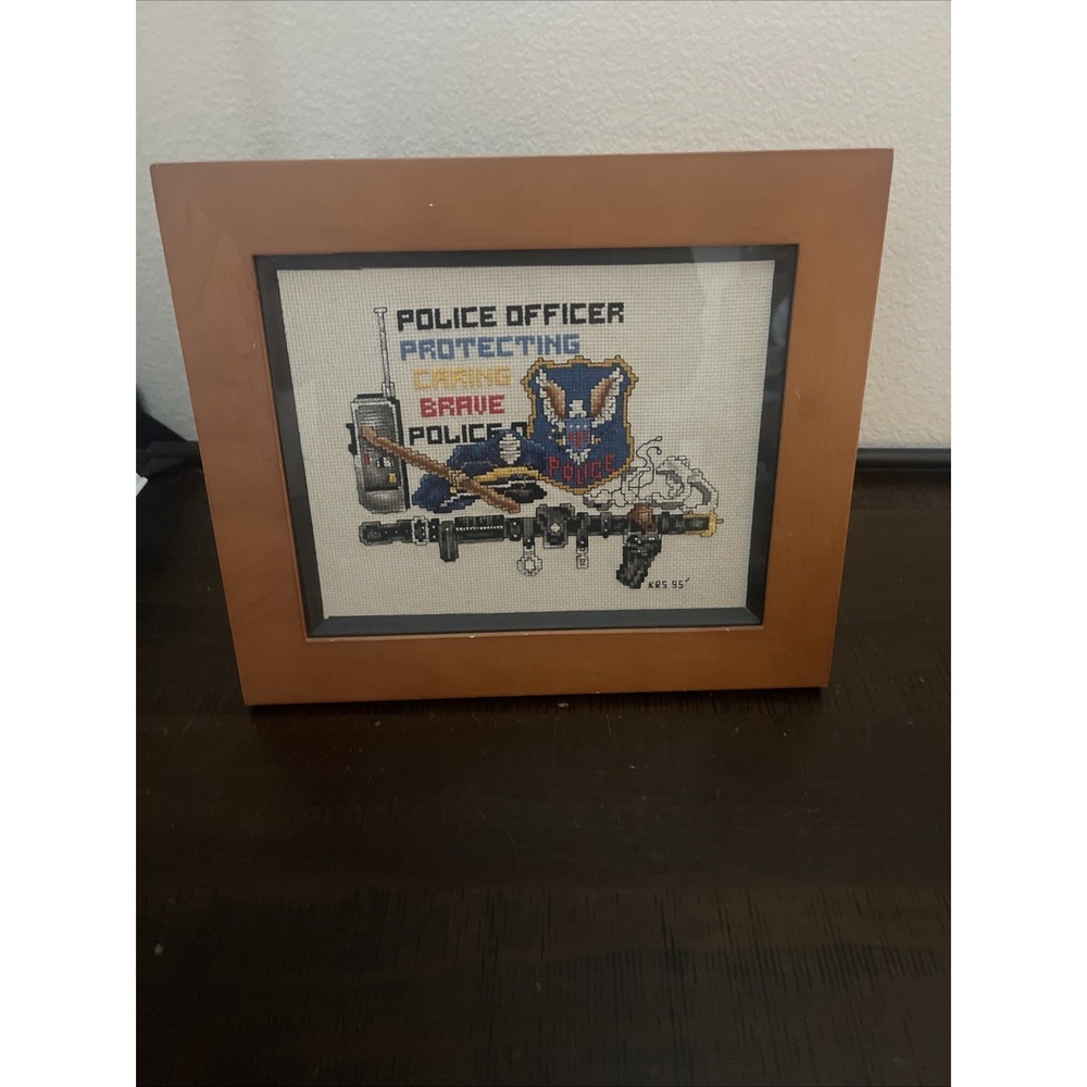 Completed Cross Stitch Police Badge Blue Boys Kids Room Decor Framed Handmade